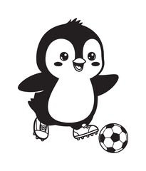 Fototapeta premium Cute Penguin Playing Soccer with Ball on Ice Rink Illustration in Cartoon Style for Kids