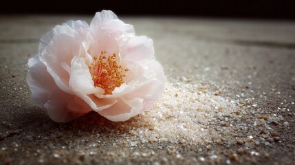 Fototapeta premium A delicate pink flower lies gracefully on a sandy surface, its soft petals contrasting with tiny grains of sand. The scene evokes peace and natural beauty, inviting contemplation