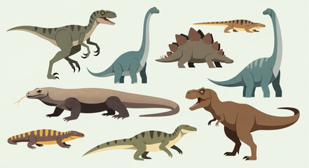Collection of diverse prehistoric dinosaurs and reptiles illustration. © Yanto