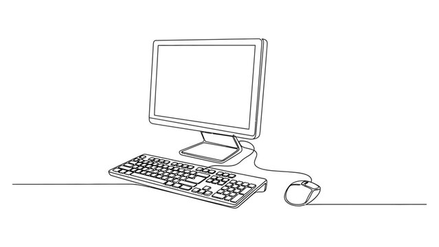 Minimalist Line Art Drawing of a Computer Setup. Continuous line style. Hand drawn. Line art. Vector design. illustration