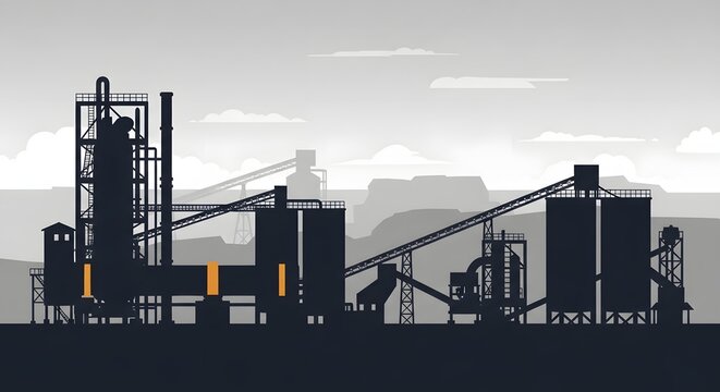 Industrial factory silhouette with conveyor belts and silos