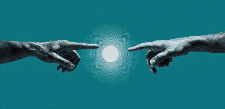 Two hands reaching out to touch a glowing orb of light, symbolizing creation and connection.