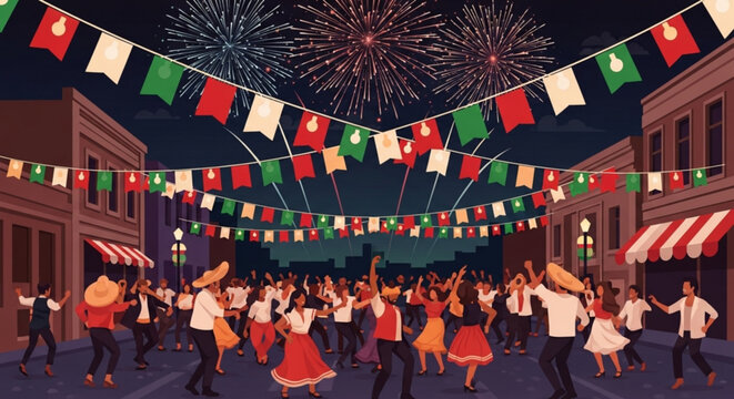 Vibrant Mexican street festival at night with fireworks dancing crowds and colorful decorations celebrating culture and community