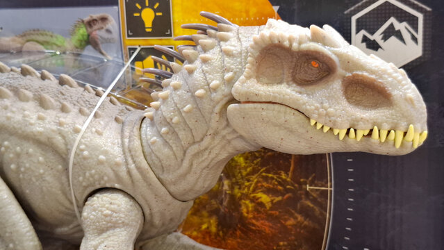 Realistic dinosaur action figure indominus rex toy from jurassic world collection for kids play and collectors display on April 14, 2026 in Bangkok, Thailand