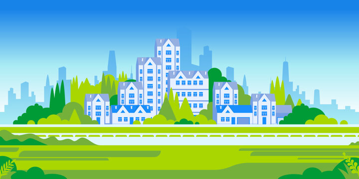 Suburban city landscape with residential houses, modern buildings and green fields. Flat style panorama illustration showing peaceful town environment, urban development and natural scenery.