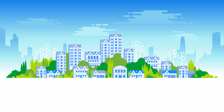 Eco friendly city panorama with residential houses, trees and wind turbines in modern urban environment. Flat style illustration sustainable city development and green energy