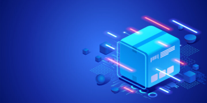 Transportation service and logistics technology concept with cargo box and digital interface. Futuristic isometric neon illustration Delivery systems, supply chain management and shipping services.