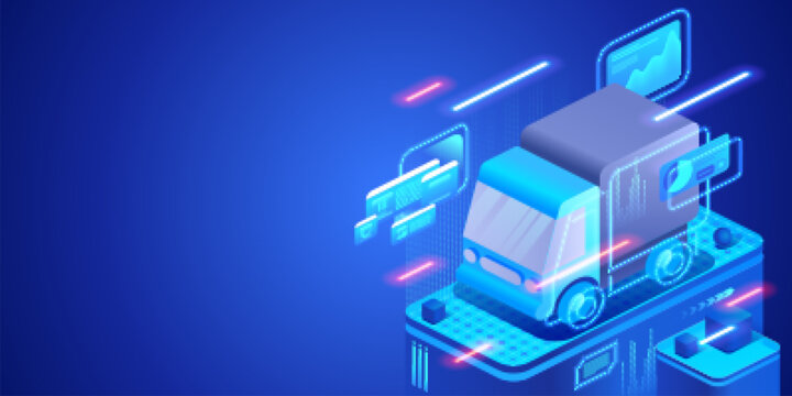 Cargo transportation and logistics technology concept with delivery truck and digital interface. Futuristic neon isometric illustration freight shipping, supply chain systems and transport services.
