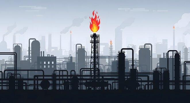 Industrial oil refinery flat vector illustration with gas flares
