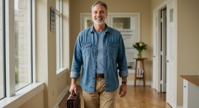 A smiling caucasian man with gray hair in a denim shirt walking cheerfully through a bright hallway carrying a brief case.