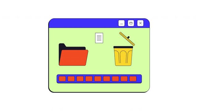 File delete process neo brutalism popup UI window animation. Remove action. Progress bar. Documents from folder cleanup. Trash bin. Interface element motion transparent. Retro Y2K UX design 4K video