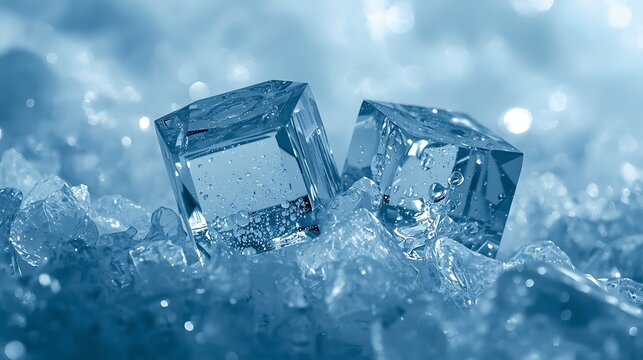 Two clear ice cubes resting on a bed of crushed ice with a cool blue background.