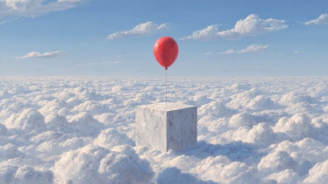 Surreal scene of a red balloon floating above a cube on clouds.