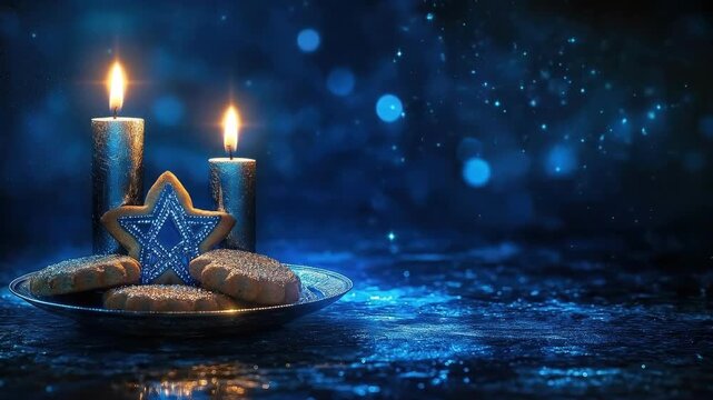 Festive shabbat celebration with candles and star-shaped cookie. Shabbat Shalom