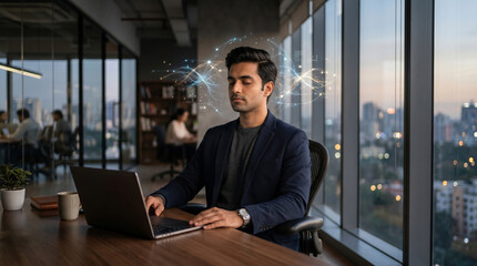 Fototapeta premium Modern businessman working on laptop in office with futuristic digital technology overlays