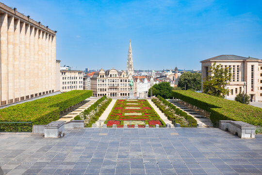 Mont des Arts garden, Town Hall tower in Brussels city, Belgium