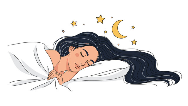 Woman with very long flowing hair sleeps peacefully in her bed at night under the gentle light of the moon and stars.