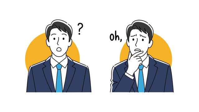 Professional man in a business suit shows expressions of confusion and sudden realization with text bubbles on yellow.
