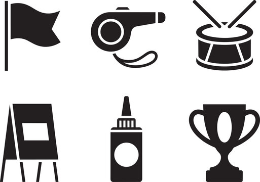 Sport and competition, set of 6, icons: flag, whistle, drum, easel, bottle, trophy