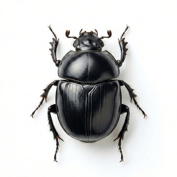 Shiny black scarab dung beetle insect isolated on a clean white background top view Generative AI