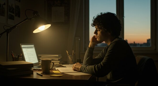 Young caucasian man studying hard at desk near window during sunset, with laptop and books, for education or remote work