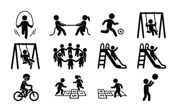 Children playground activities icon set, black stick figure kids playing outdoors vector, 12 childhood recreation symbols for park and school