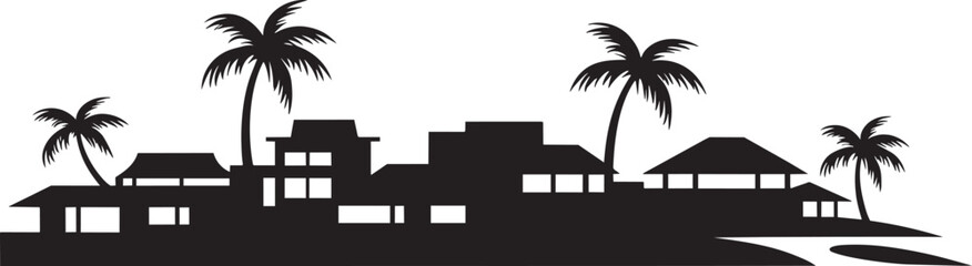 Naklejka premium Tropical Resort Island Silhouette with Palm Trees and Buildings with tropical landscape