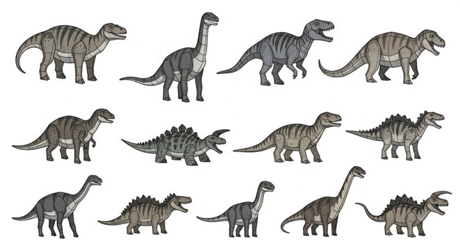 Collection of Dinosaur Illustrations on White Background.