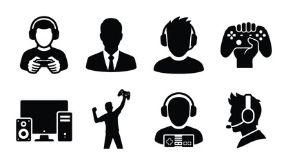 Gaming icons set with gamer silhouettes, esports player avatars with headphones, video game controller symbols, and pc hardware vector graphics © MdZahirul