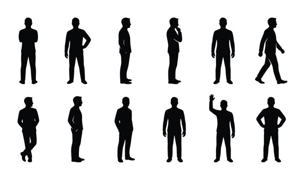 Professional male silhouettes set, 12 black vector man figures in various poses, businessman standing and walking icons for architectural rendering