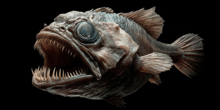 Terrifying deep sea anglerfish predator with sharp needle-like teeth and large glowing eye isolated on black background representing marine biology, underwater monsters, and abyssal ocean creatures.