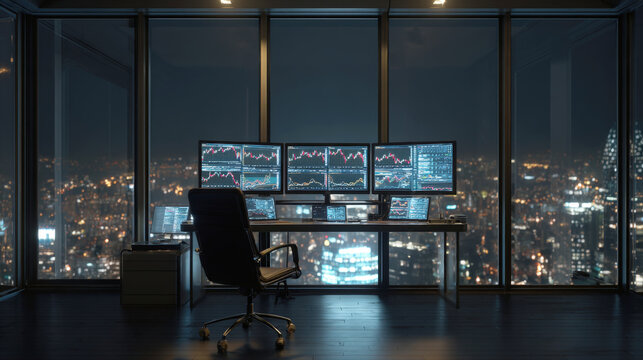 Professional stock trader workstation in luxury high-rise office at night with multiple monitor screens showing financial charts and data analytics overlooking a glowing city skyline background.