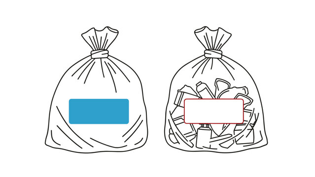 Comparison between a solid blue trash bag and a clear plastic bag filled with recyclable items like plastic bottles and containers.