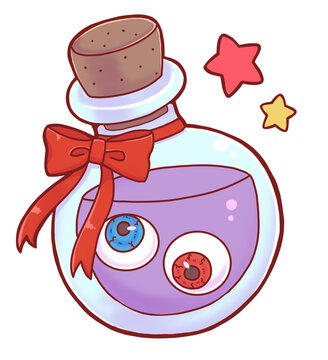 Authentic Hand Drawn Cute Creepy Eyeball in Bottle with Ribbon &ndash; Magical Star Background Creepy Kawaii Specimen Illustration, Gothic Halloween Fantasy