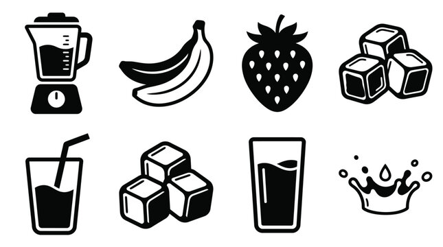 Smoothie ingredients icon set &ndash; solid style mixology and beverage symbols for healthy lifestyle: blender, banana, strawberry, ice cubes, glass, juice pour, ... 