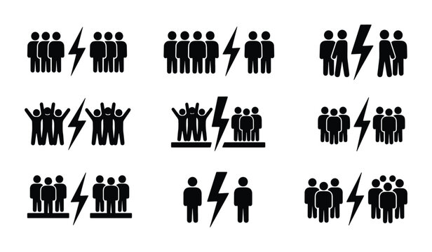 Conflict and competition icon set, black silhouette people groups separated by lightning bolt, versus battle and rivalry vector symbols for business