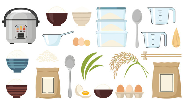 Comprehensive collection of items used for cooking rice including an electric rice cooker, bowls, measuring cups, and rice stalks.