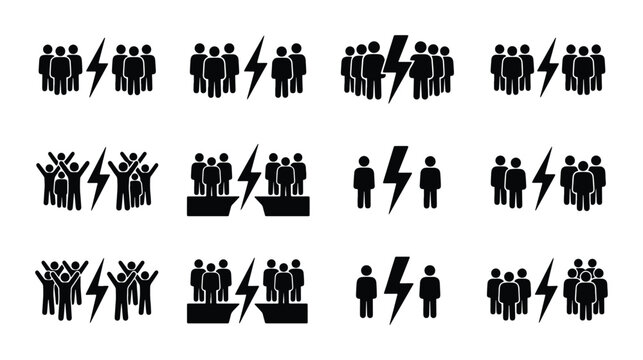 Conflict and competition icon set, black silhouette people groups separated by lightning bolt, 12 vector elements for business rivalry and social division