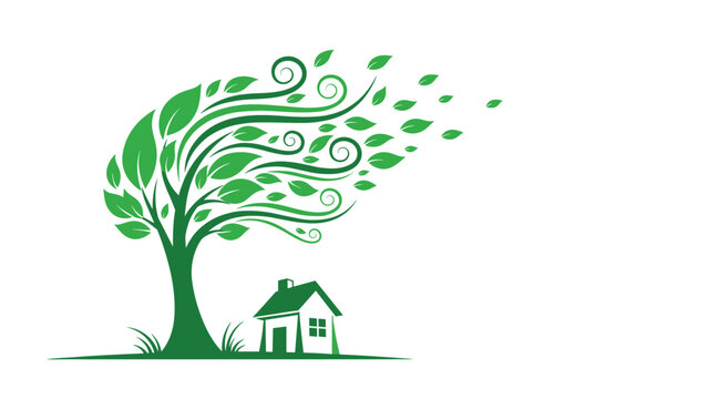 Stylized green tree with swirling leaves blows strongly in the wind next to a small house on a grassy landscape.