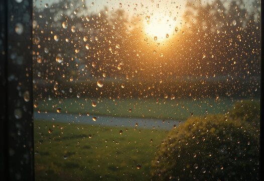 Window covered with raindrops illuminated by sunlight, outside blurred spring scenery, cozy mood.