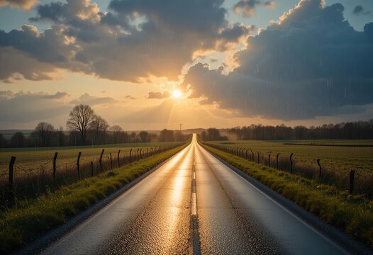 Golden hour sunlight with gentle rain over countryside road, wet surface reflecting sky, soft clouds, fresh spring colors, peaceful mood.