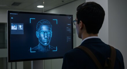 Obraz premium Man engaged with facial recognition system. Security technology concept depicting biometric authentication for access control and identification.