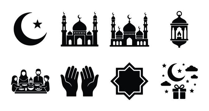 Islamic Ramadan icon set, 8 black vector silhouettes of mosque, crescent moon, prayer hands and lantern, religious Muslim holiday symbols for Eid Mubarak