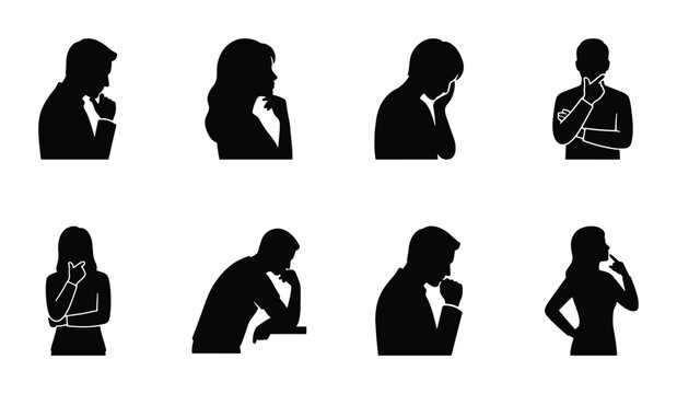 Thinking people silhouettes set, 8 black vector icons of pensive men and women, contemplative human figures in deep thought and reflection