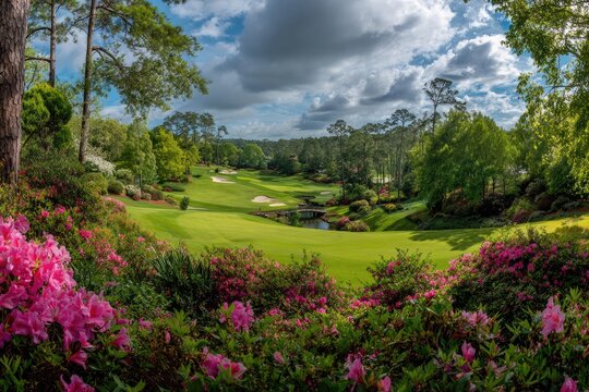 A vibrant golf course unfolds amidst lush greenery and blooming azaleas under a dramatic sky.