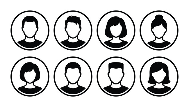 Minimalist user profile avatar icons, set of 8 black and white male and female headshot silhouettes, professional account member vector symbols