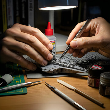 Hobbyist assembling detailed plastic model spaceship with tweezers and glue.