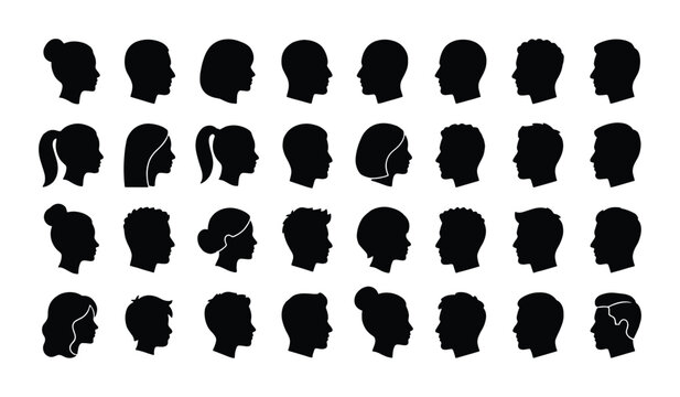 Human profile head silhouettes, set of 32 diverse people face icons in side view, black vector avatar collection for user interface and social media
