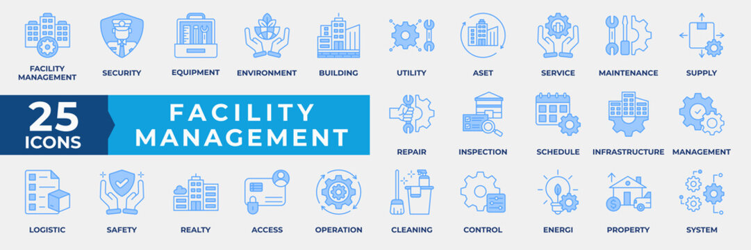 Facility Management Icon Set Collection. Containing Security, Equipment, Environment, Building, Utility, Asset, Service, Maintenance, Repair, Inspection and Schedule. Simple Blue Vector Illustration.