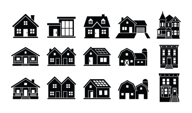 Black house icons set, residential building silhouettes and real estate property symbols, 15 vector architectural home styles for map markers